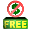 An animated gif of a dollar sign with a red cross through it spinning on top of a yellow block with text on it that says 'FREE'