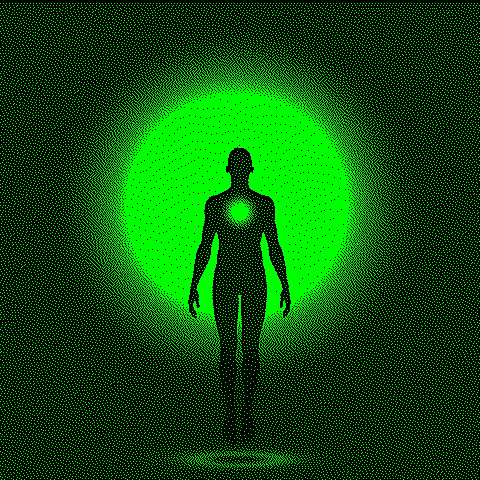 A dithered pic of the silhouette of a human gently levitating above the ground, their heart chakra glowing green, set against a background of a large glowing HTML Energy orb of light.